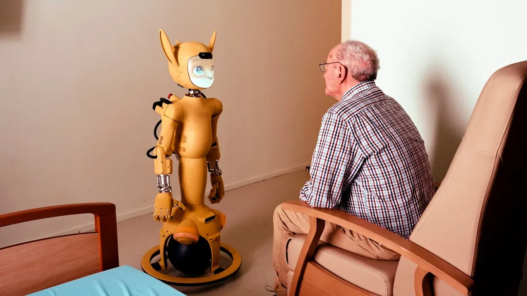 Elderly man converses with a yellow robot. | Photo by Enchanted Tools on Unsplash