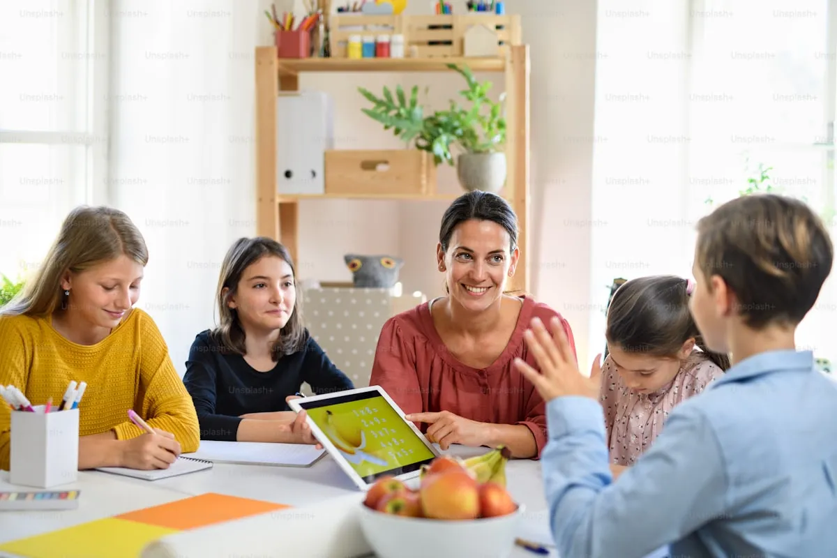 Child working on math problems on a tablet at a desk