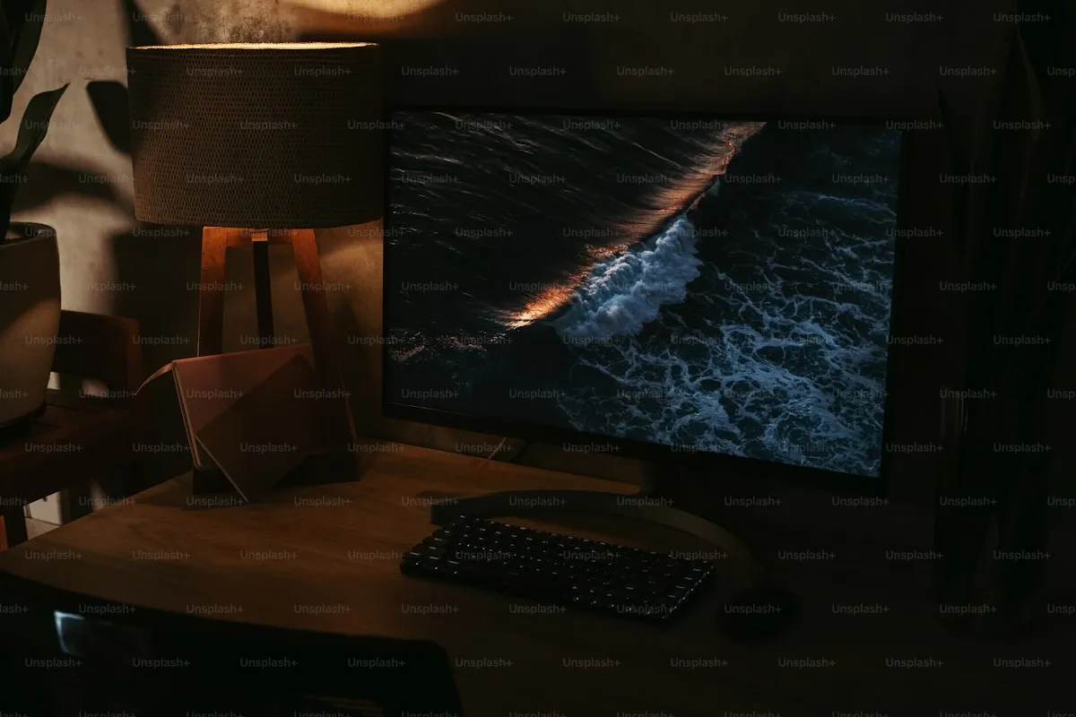 Clean modern home office setup with monitor, laptop, and desk accessories