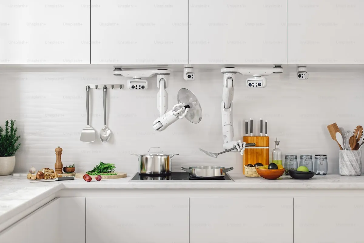 Modern kitchen with smart appliances including a smart oven and connected fridge